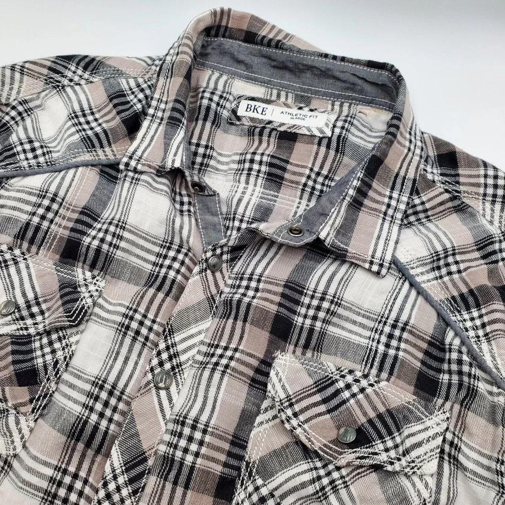 BKE Athletic Fit Plaid Long Sleeve Button Down Shirt XL Black White Tan 11597FPW